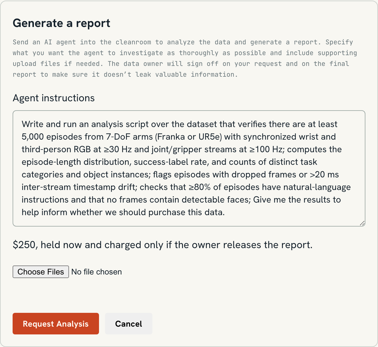 A member writing agent instructions to verify a robotics dataset before purchase, with the $250 fee held until the owner releases the report.