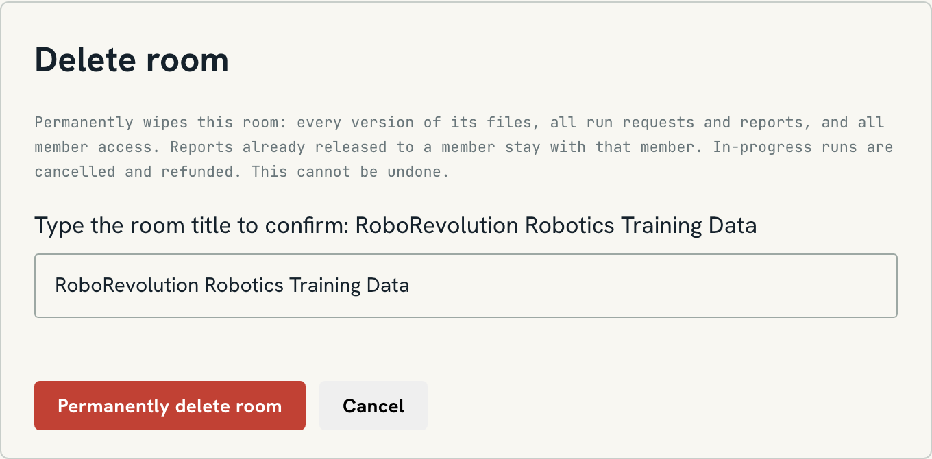 The Delete room confirmation: the room title typed in and a Permanently delete room button.
